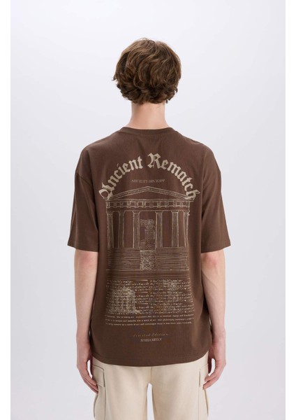 %100 Pamuk Boxy Fit Bisiklet Yaka Sırt Baskılı Kısa Kollu Tişört