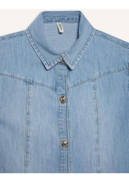 Kız Çocuk Gömlek Yaka Kısa Kollu Pamuklu Yazlık Jean Elbise