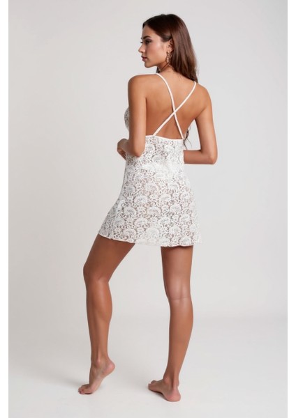 çınar ticaret kadın beyaz fırfırlı tül detaylı sırtı çapraz ve açık komple dantel gecelik – modern ve şık tasarım modelleri