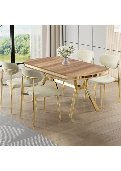 Olya Serisi 90X168 Lak Panel Hazar Masa Takımı Gold Ayaklı 4 Krem Sandalye