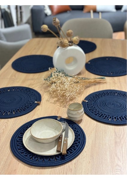 Amerikan Servis Sunum Takımı Hasır Görünümlü Jüt Yıkanabilir Isıya Dayanıklı Jüt 6 Parça Lacivert