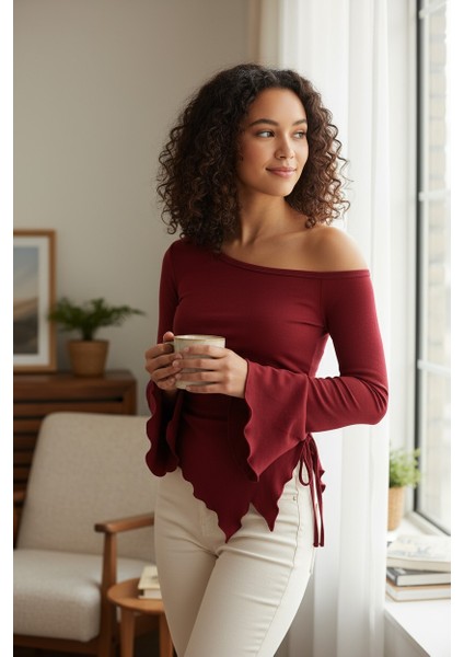 çınar ticaret kadın bordo uzun ıspanyol kollu asimetirik yaka yandan bağlamalı drapeli bluz