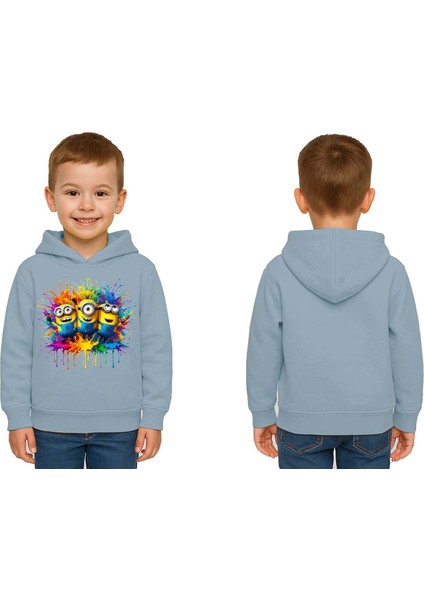 Unisex Mınıons Baskılı Çocuk Swaetshirt Baskılı Kapüşonlu 3 Iplik Şardonlu
