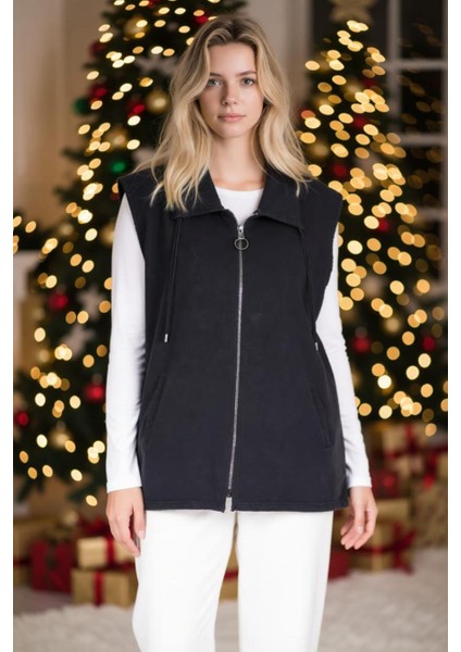 Kadın Büyük Beden Yaka Ip Detaylı Çift Cepli Fermuarlı Uzun Pamuk Yelek