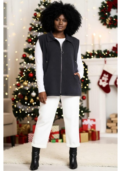 Kadın Büyük Beden Yaka Ip Detaylı Çift Cepli Fermuarlı Uzun Pamuk Yelek fiyatları