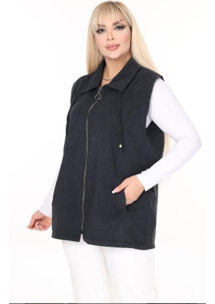 Kadın Büyük Beden Yaka Ip Detaylı Çift Cepli Fermuarlı Uzun Pamuk Yelek modelleri