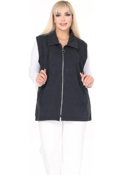 Kadın Büyük Beden Yaka Ip Detaylı Çift Cepli Fermuarlı Uzun Pamuk Yelek indirimleri