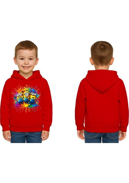Unisex Mınıons Baskılı Çocuk Swaetshirt Baskılı Kapüşonlu 3 Iplik Şardonlu
