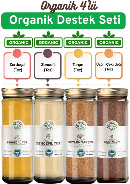 Organik Destek Seti (Zerdeçal – Zencefil – Tarçın – Üzüm Çekirdeği Tozu)