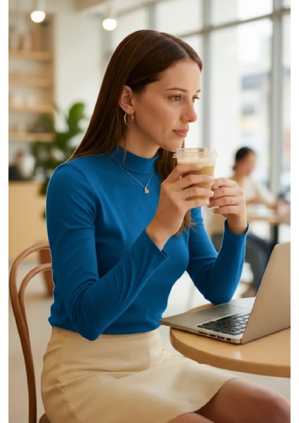 çınar ticaret kadın mavi parmak detaylı esnek uzun kollu body modelleri