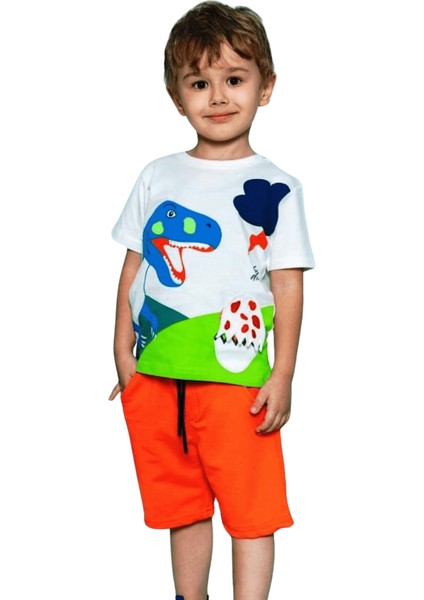 Erkek Çocuk Dinozor Baskılı İkili Takım – Turuncu Şortlu %100 Pamuk Yazlık Kombin