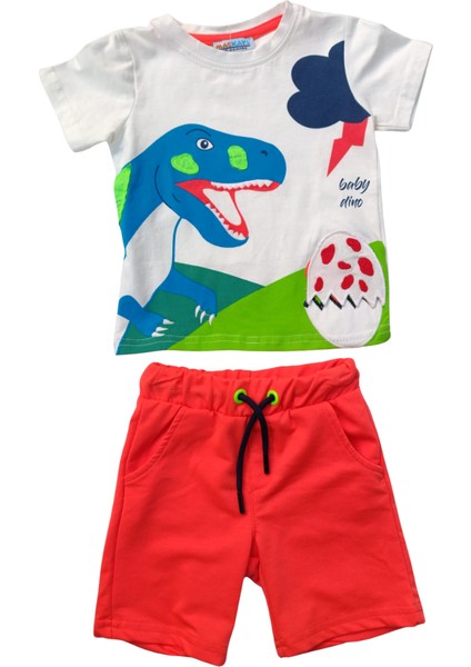 Erkek Çocuk Dinozor Baskılı İkili Takım – Turuncu Şortlu %100 Pamuk Yazlık Kombin modelleri