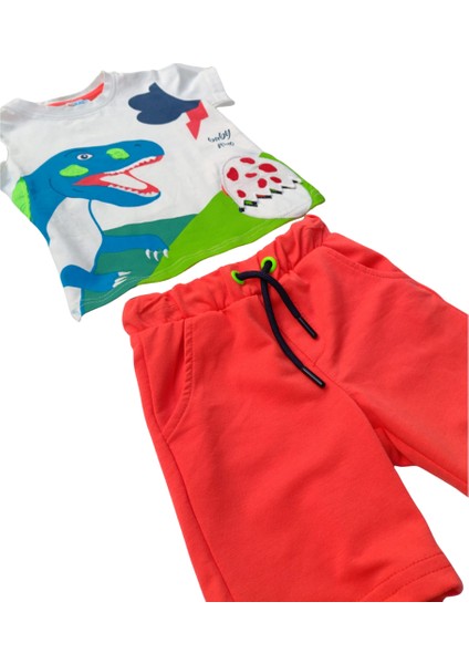 Erkek Çocuk Dinozor Baskılı İkili Takım – Turuncu Şortlu %100 Pamuk Yazlık Kombin indirimleri