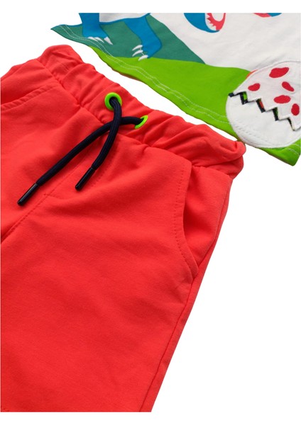 Erkek Çocuk Dinozor Baskılı İkili Takım – Turuncu Şortlu %100 Pamuk Yazlık Kombin