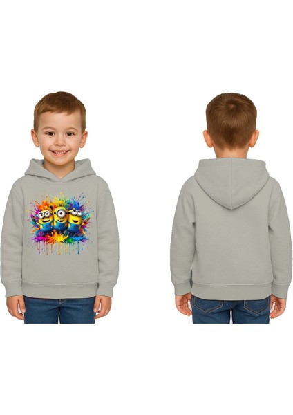 Unisex Mınıons Baskılı Çocuk Swaetshirt Baskılı Kapüşonlu 3 Iplik Şardonlu