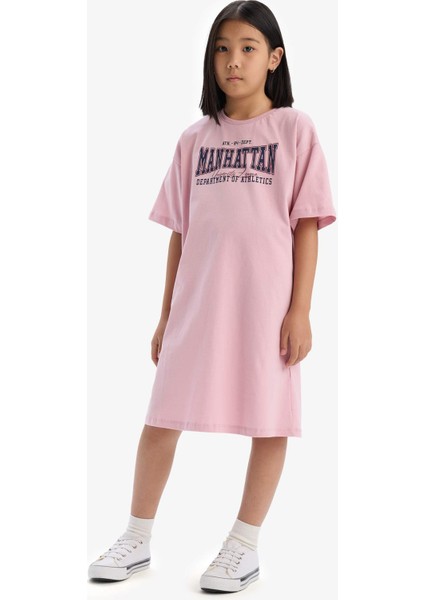 Kız Çocuk Oversize Geniş Kalıp Bisiklet Yaka Baskılı Kısa Kollu Yazlık Elbise E5805A825HS