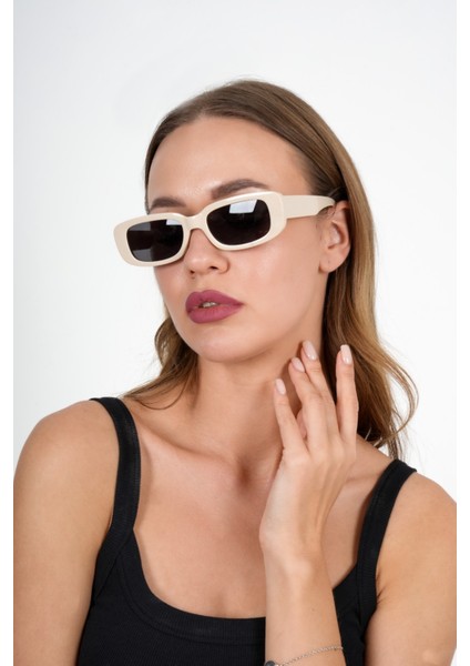 Krem Dikdörtgen Vintage Retro Güneş Gözlüğü