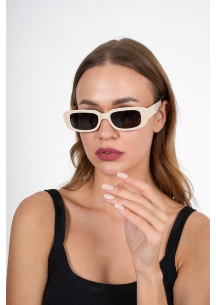 Krem Dikdörtgen Vintage Retro Güneş Gözlüğü