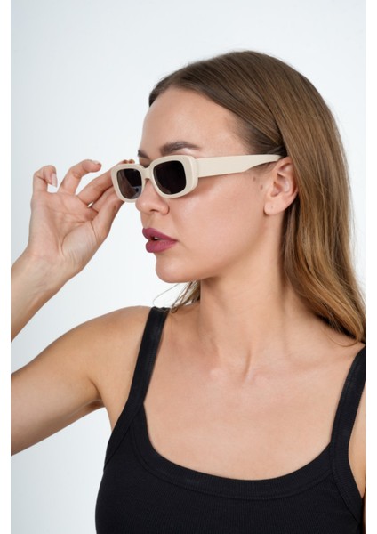 Krem Dikdörtgen Vintage Retro Güneş Gözlüğü