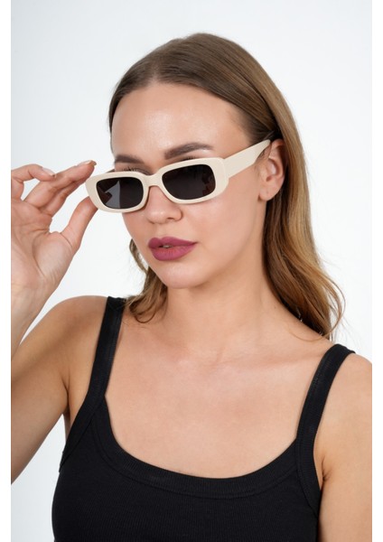 Krem Dikdörtgen Vintage Retro Güneş Gözlüğü