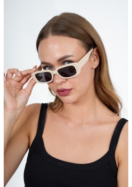 Krem Dikdörtgen Vintage Retro Güneş Gözlüğü