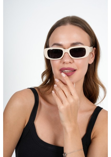 Krem Dikdörtgen Vintage Retro Güneş Gözlüğü