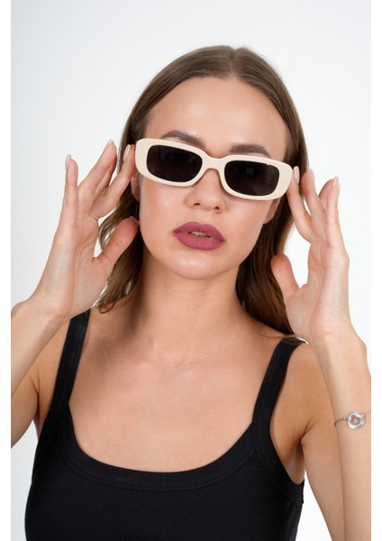 Krem Dikdörtgen Vintage Retro Güneş Gözlüğü