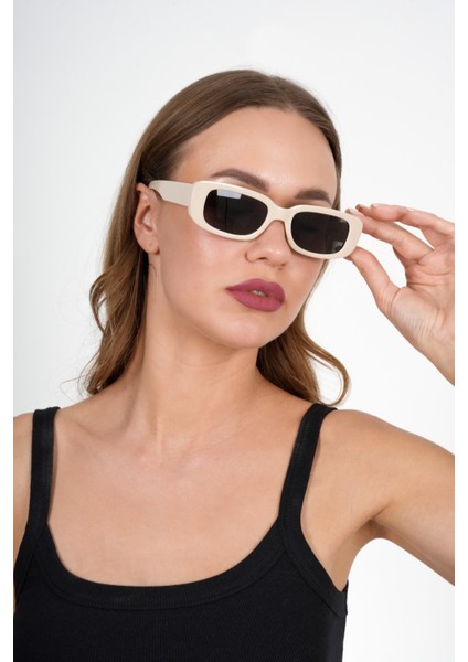 Krem Dikdörtgen Vintage Retro Güneş Gözlüğü