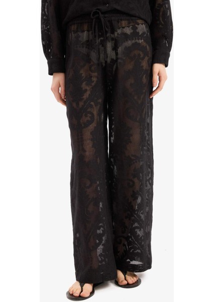 Dantelli Beli Lastikli Beyaz Plaj Pantolonu D9767AX25SM