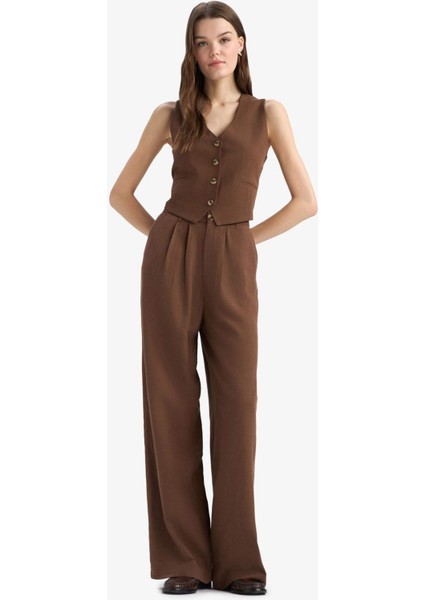 Wide Leg Keten Karışımlı Pantolon Normal Bel Geniş Paça Cepli Fermuarlı Standart Boy E6210AX25SP