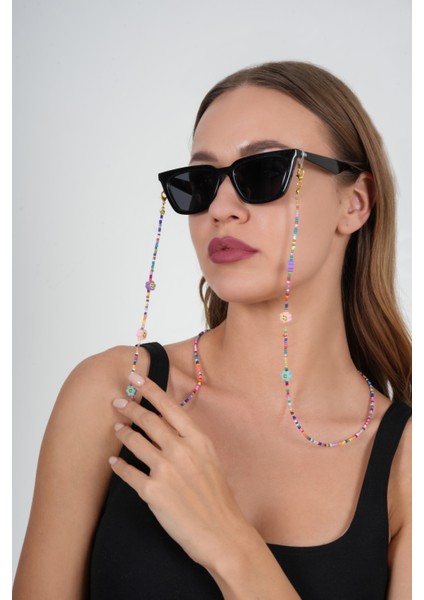 Fimo Çiçekli Kum Boncuk Gözlük Zinciri - Kolye - Bileklik