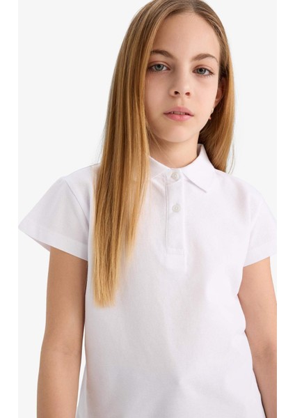 Kız Çocuk Polo Yaka Basic Düz Pamuklu Kısa Kollu Okul Tişörtü I0427A625AU