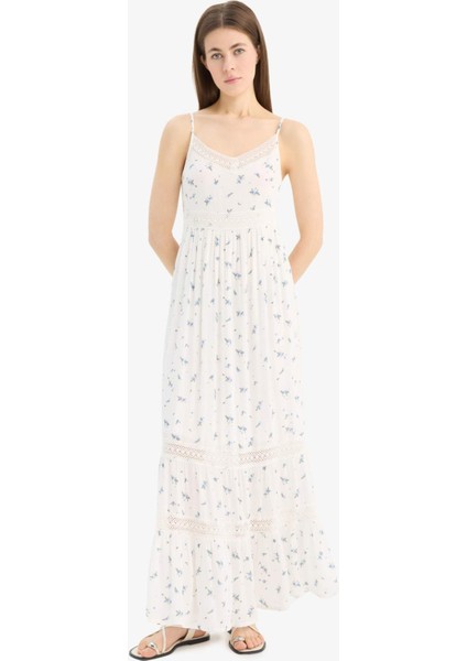 A Kesim Dantelli V Yaka Çiçekli Krinkıl Kumaş Askılı Maxi Elbise E6069AX25SM