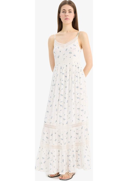 A Kesim Dantelli V Yaka Çiçekli Krinkıl Kumaş Askılı Maxi Elbise E6069AX25SM