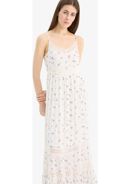 A Kesim Dantelli V Yaka Çiçekli Krinkıl Kumaş Askılı Maxi Elbise E6069AX25SM