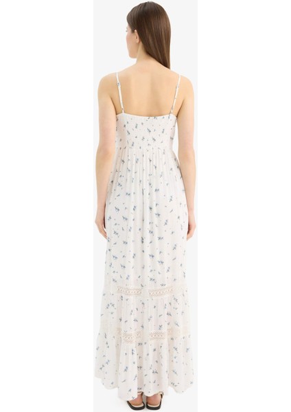 A Kesim Dantelli V Yaka Çiçekli Krinkıl Kumaş Askılı Maxi Elbise E6069AX25SM