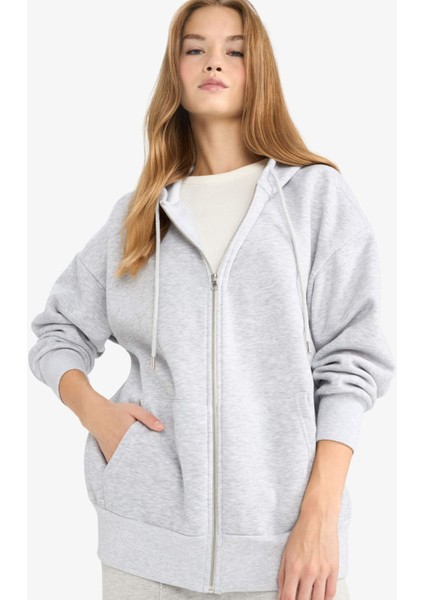 Oversize Geniş Kalıp Kapüşonlu Cepli Basic Düz Fermuarlı Sweatshirt