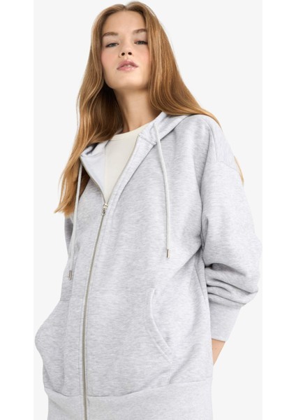 Oversize Geniş Kalıp Kapüşonlu Cepli Basic Düz Fermuarlı Sweatshirt