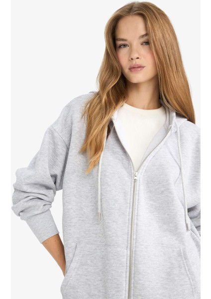 Oversize Geniş Kalıp Kapüşonlu Cepli Basic Düz Fermuarlı Sweatshirt