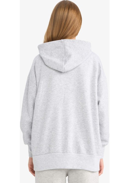 Oversize Geniş Kalıp Kapüşonlu Cepli Basic Düz Fermuarlı Sweatshirt