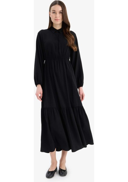 Gömlek Yaka Basic Düz Düğmeli Beli Büzgülü Uzun Kollu Maxi Elbise D5851AX25SP