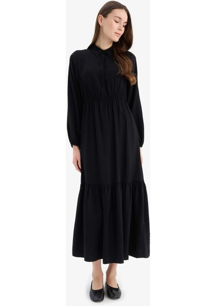 Gömlek Yaka Basic Düz Düğmeli Beli Büzgülü Uzun Kollu Maxi Elbise D5851AX25SP