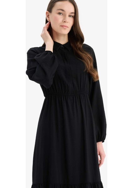 Gömlek Yaka Basic Düz Düğmeli Beli Büzgülü Uzun Kollu Maxi Elbise D5851AX25SP