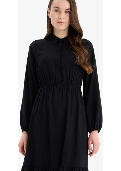 Gömlek Yaka Basic Düz Düğmeli Beli Büzgülü Uzun Kollu Maxi Elbise D5851AX25SP