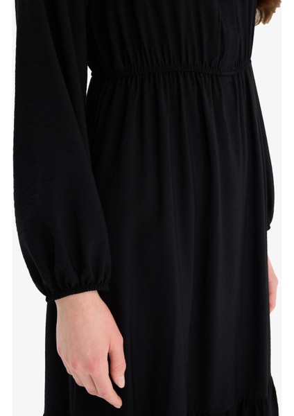 Gömlek Yaka Basic Düz Düğmeli Beli Büzgülü Uzun Kollu Maxi Elbise D5851AX25SP