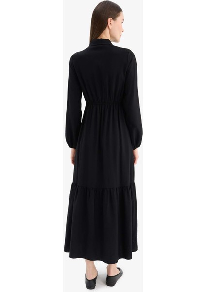 Gömlek Yaka Basic Düz Düğmeli Beli Büzgülü Uzun Kollu Maxi Elbise D5851AX25SP