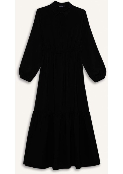 Gömlek Yaka Basic Düz Düğmeli Beli Büzgülü Uzun Kollu Maxi Elbise D5851AX25SP