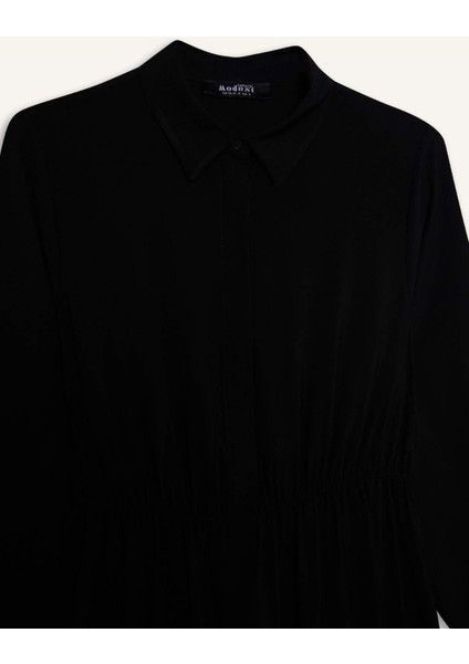 Gömlek Yaka Basic Düz Düğmeli Beli Büzgülü Uzun Kollu Maxi Elbise D5851AX25SP