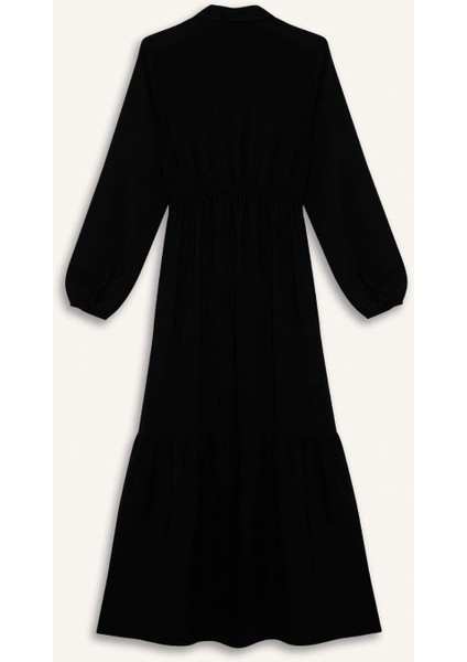 Gömlek Yaka Basic Düz Düğmeli Beli Büzgülü Uzun Kollu Maxi Elbise D5851AX25SP