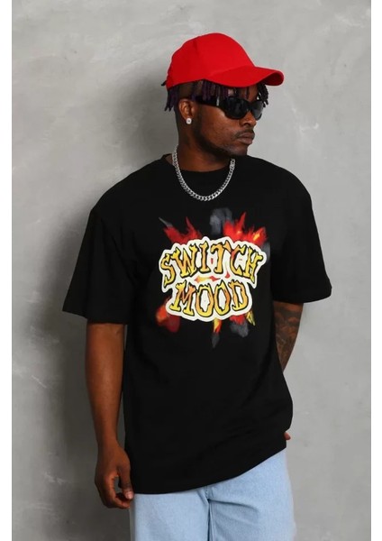 Unisex Oversize Baskılı Bisiklet Yaka T-Shirt - Siyah modelleri